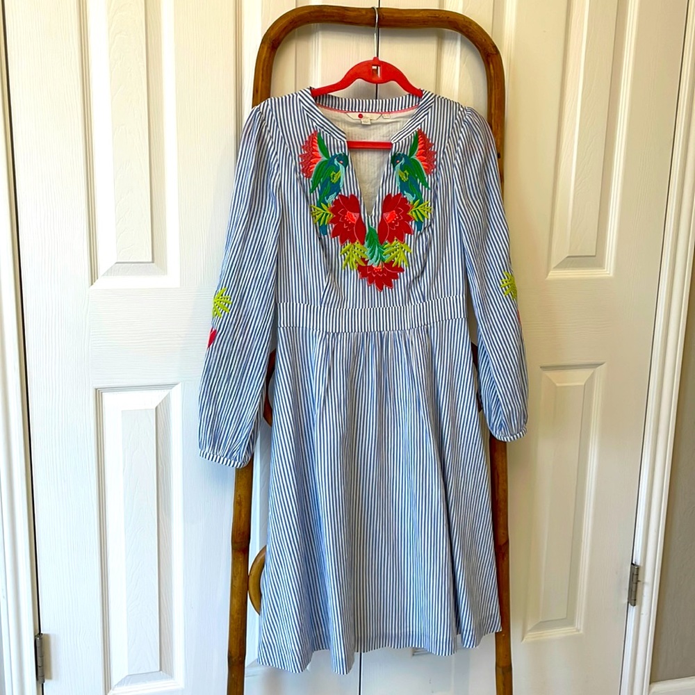 Boden long-sleeve tropical embroidered dress, Size 2R